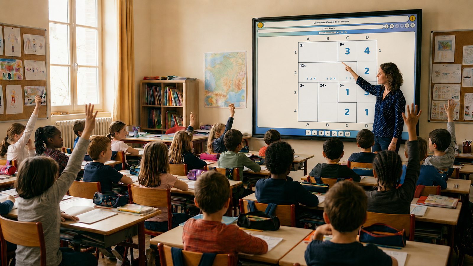 A class in front of a 4×4 Calcudoku projected on the board: the teacher points at a cell, pupils raise their hands