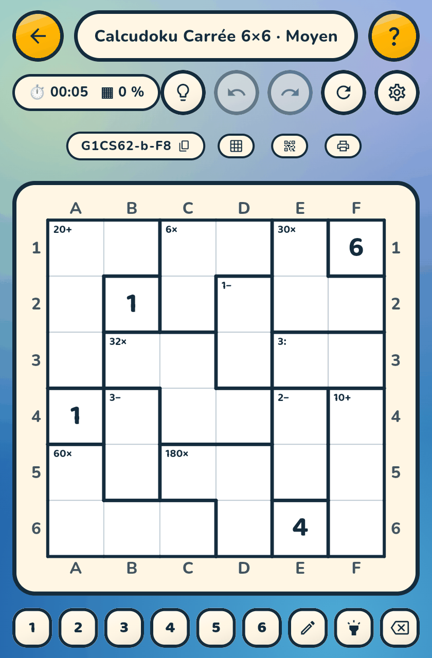 A 6×6 square Calcudoku: the cages read 20+, 32×, 3−, 3: