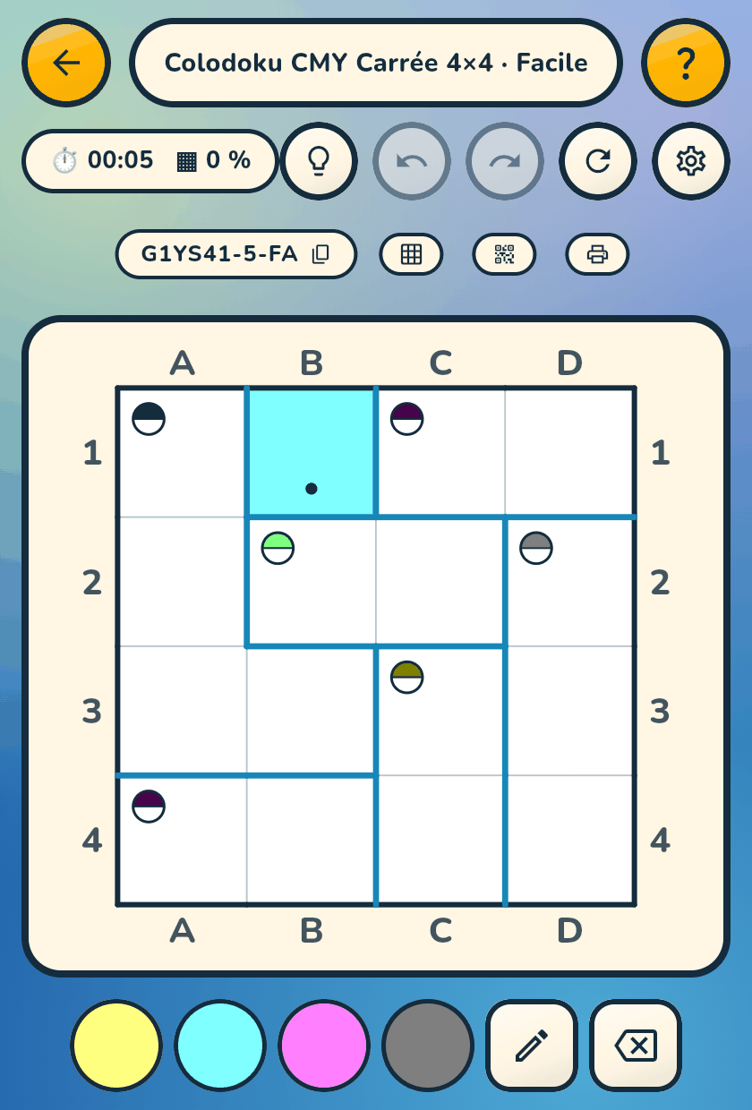 A 4×4 CMY Colodoku: colours to mix, one badge per cage
