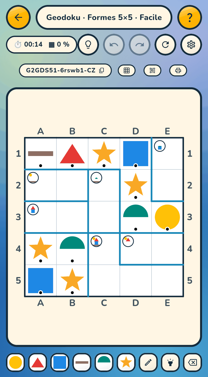 A 5×5 Geodoku: geometric shapes to place, without a single digit