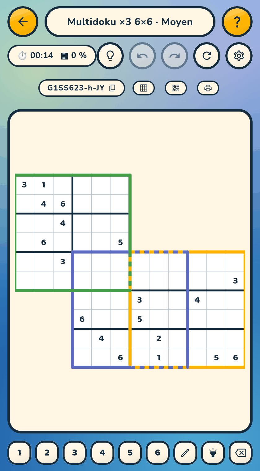 Three overlapping 6×6 Sudoku grids, each with its own coloured frame