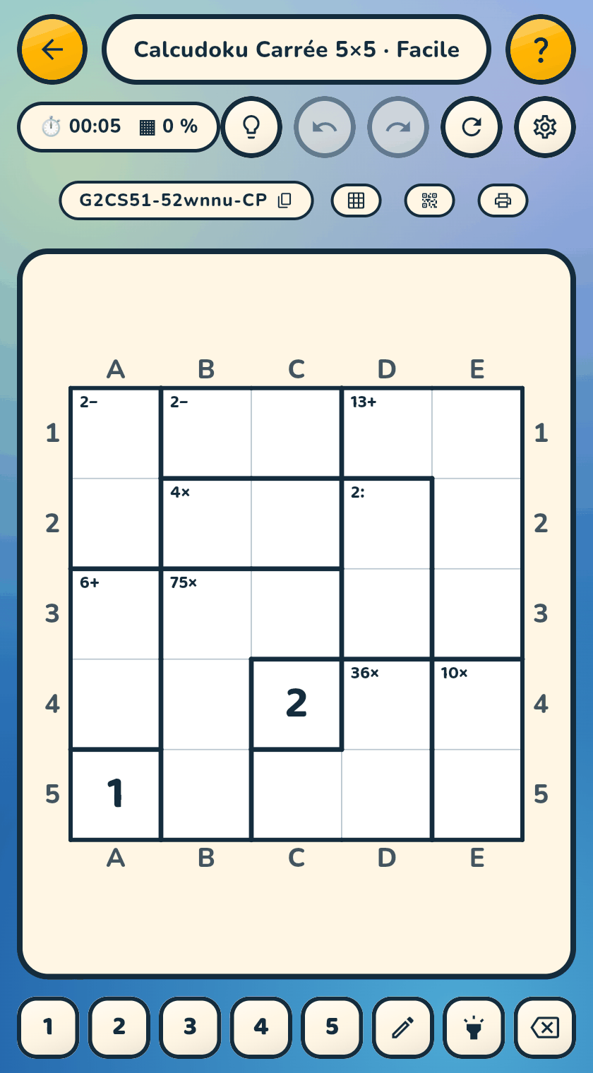 A 5×5 Calcudoku with all four operations: addition, subtraction, multiplication, division
