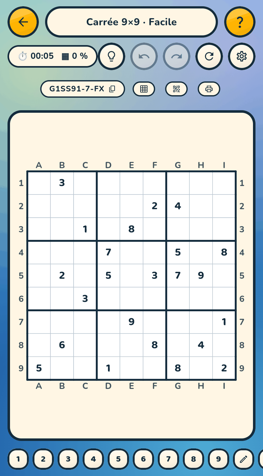 The InZeDoku game screen: a 9×9 Sudoku, its timer, its game code and the keypad at the bottom
