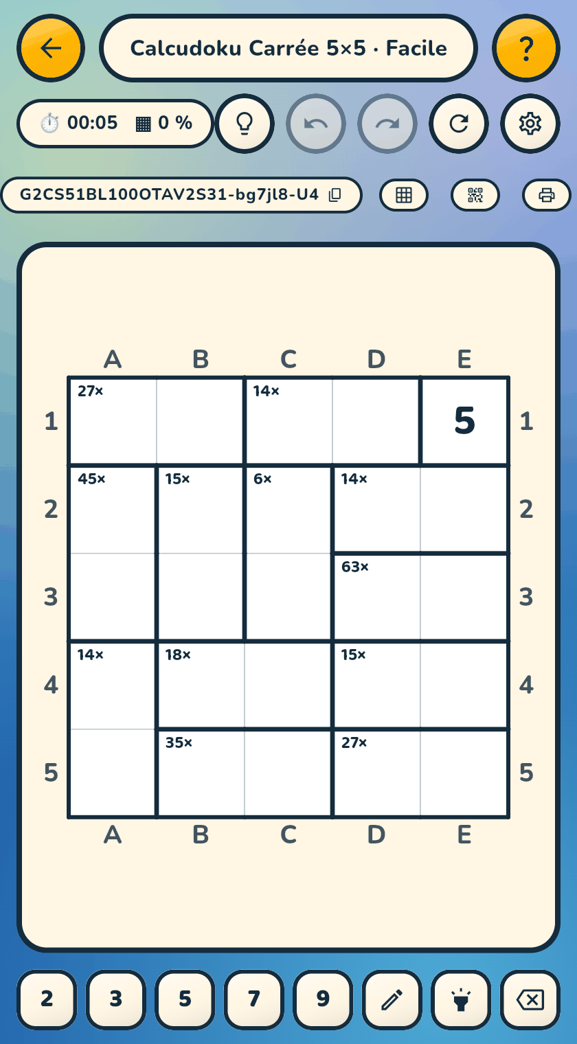 A 5×5 Calcudoku in multiplication only: every cage fits in two cells and carries a product