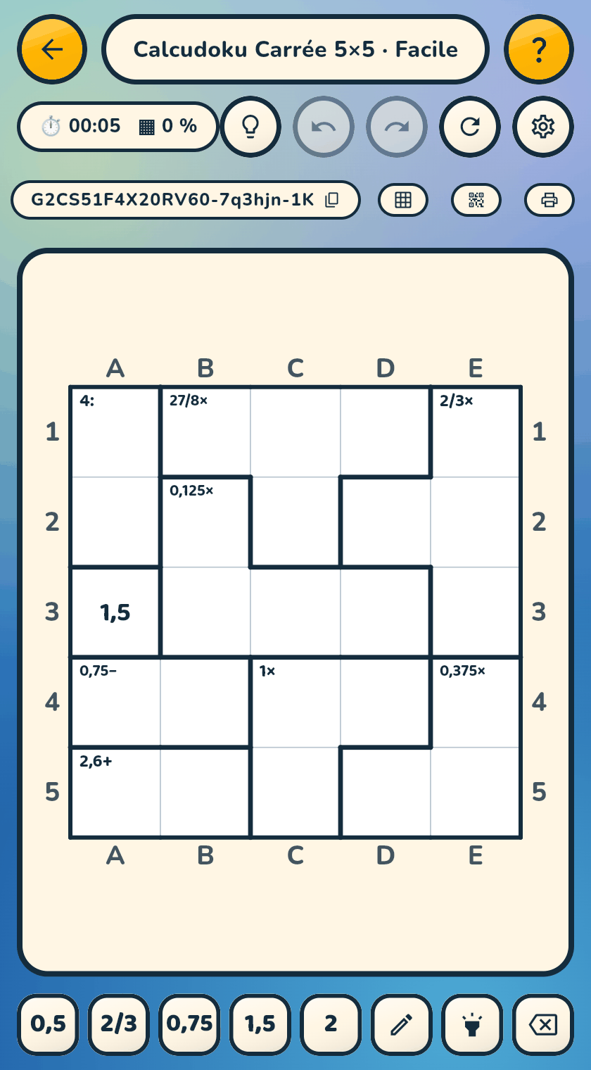 A 5×5 Calcudoku in fractions and decimals